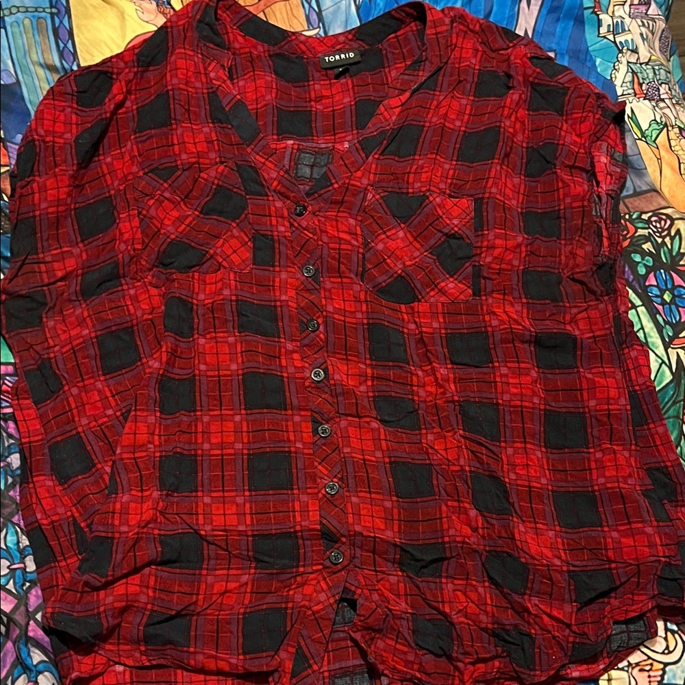 torrid 0 Red & Black Plaid Button-Front Shirt